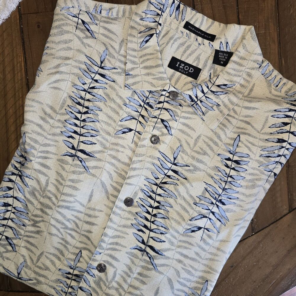 Izod Golf Or Vacay Shirt Men M Tropical Button Front Short Sleeve Washable Silk